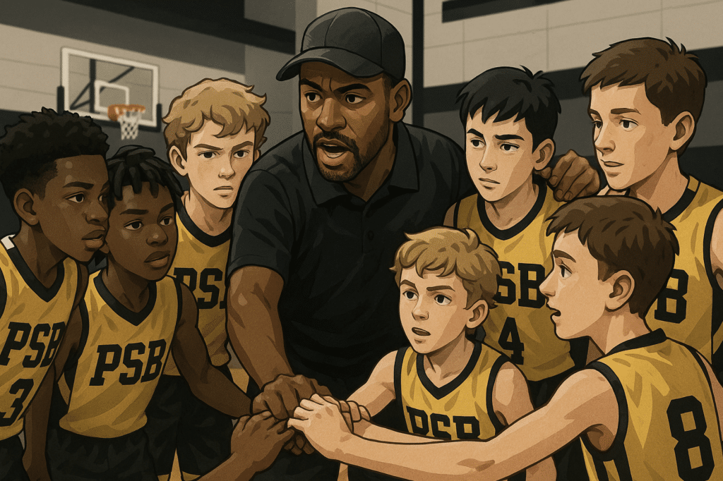 Youth basketball team huddling during game, showing unity and teamwork